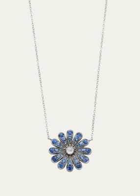 White Gold & Black Rhodium Daisy Pendant Necklace With Diamonds and Sapphires