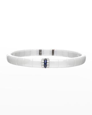 White Gold and White Ceramic Pura Stretch Bracelet with Diamonds and Blue Sapphires