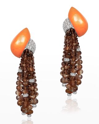 White Gold Androsite, Orange Mother-of-Pearl and Diamond Drop Earrings
