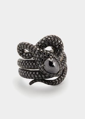 White Gold Black Diamond Ring with Black Diamond Head from The Snake Collection, Size 7