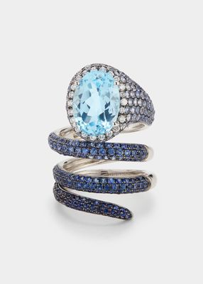 White Gold Blue Sapphire and Blue Topaz Convertible Ring with Diamond Halo, Size 7