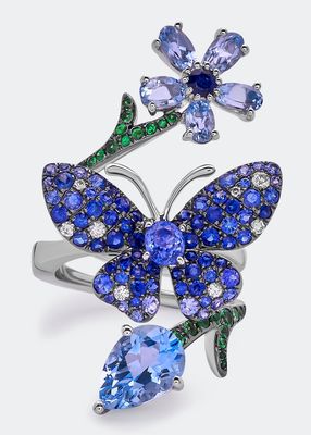 White Gold Blue Sapphire, Green Garnet, Aquamarine Ring from The Butterfly Collection, Size 7