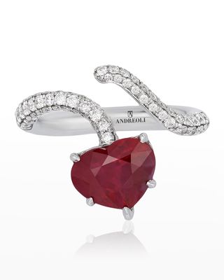 White Gold Burma Ruby Heart Ring with Diamonds