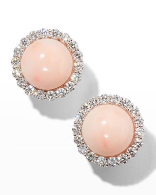 White Gold Cabochon Coral Diamond-Halo Clip Earrings