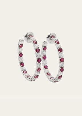 White Gold Medium Hoop Earrings With Ruby and Diamond