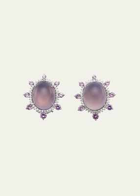 White Gold Omega Clip Earrings with Diamonds, Chalcedony and Purple Sapphire