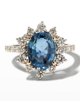 White Gold Oval Blue Sapphire and Round Diamond Ring