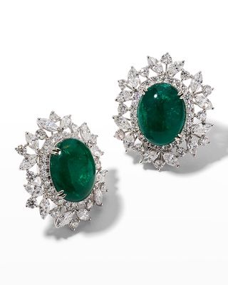White Gold Oval Zambian Emerald and Diamond Earrings
