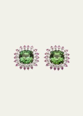 White Gold Pipoint Stud Earrings with Diamonds, Pink Sapphire and Mint Tourmaline