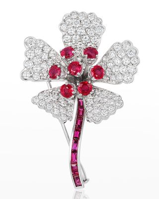 White Gold Ruby and Diamond Flower Brooch