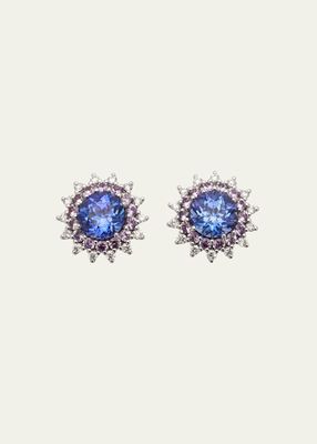White Gold Stud Earrings with Diamond, Tanzanite and Pink Sapphire