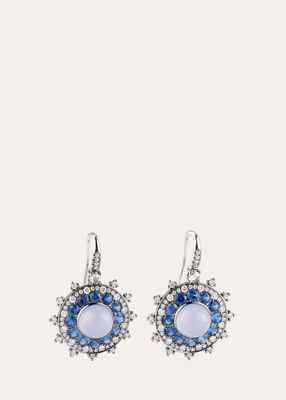 White Gold with Black Rhodium Small Bulls Eye Earrings with Chalcedony, Sapphire and Diamonds