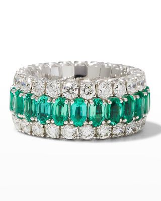 White Gold Xpandable Emerald and Diamond Ring, Size 6-10