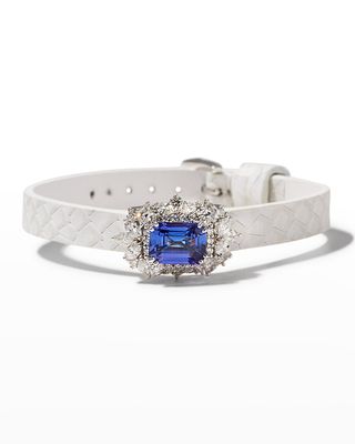 White Leather Bracelet with Diamonds and Tanzanite