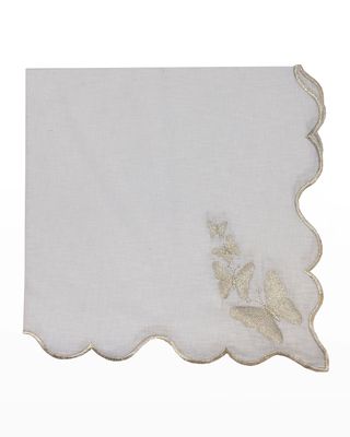 White Linen Silver Butterfly Scalloped Edged Embroidered Napkin