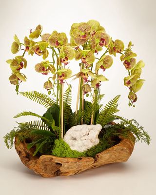 White Orchid Faux-Floral Arrangement in Wooden Bowl