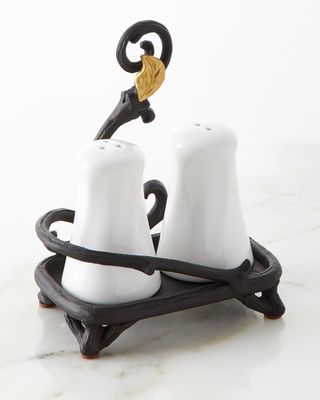 White Stoneware Salt & Pepper Shakers with Metal Gold Leaf Base