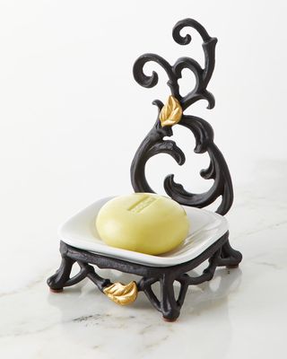 White Stoneware Spoon/Soap Rest with Metal Gold Leaf Stand