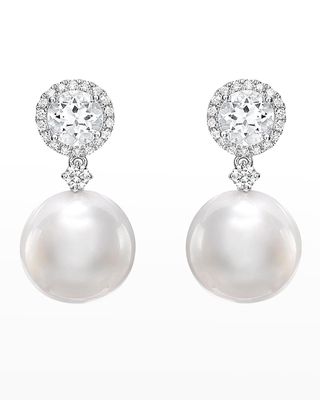 White Topaz and Diamond Pearl Drop Earrings in White Gold