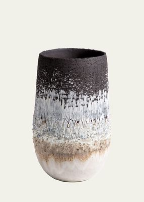 White Volcanic Rock & Black Porcelain Medium Open Vase, 12"