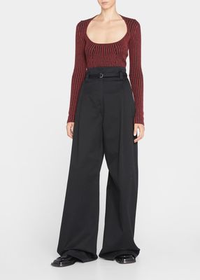 Wide-Leg Belted Twill Pants