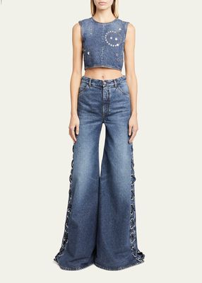 Wide-Leg Denim Trousers with Lace-Up Detail