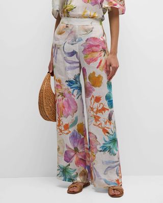 Wide-Leg Floral-Print Linen Pants