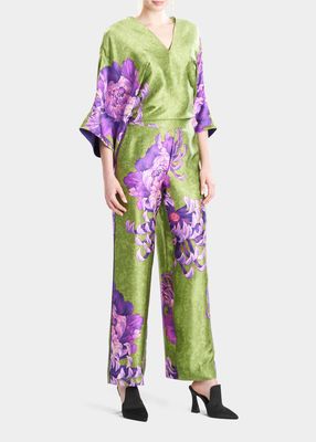 Wide-Leg Floral-Print Silk Pants