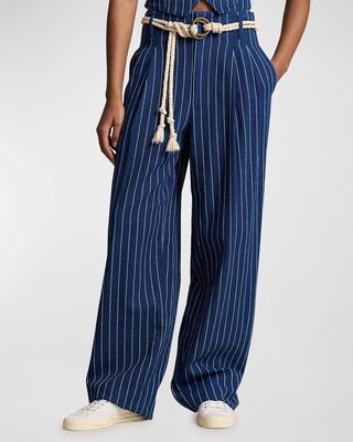 Wide-Leg Pinstripe Twill Pants