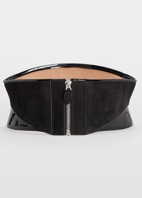 Wide Velvet Leather-Trim Zip Corset Belt