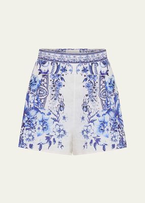 Wide Waistband Floral Linen Silk Shorts