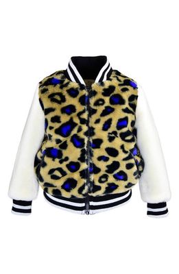 Widgeon Kids' Leopard Faux Fur Varsity Jacket in Sapphire Leopard