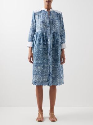 Wiggy Kit - Bailey Stand-collar Linen Midi Shirt Dress - Womens - Blue Print