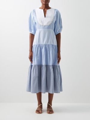 Wiggy Kit - Dunmore Bib-front Cotton-seersucker Midi Dress - Womens - Blue Multi