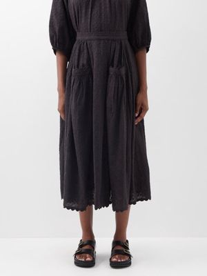 Wiggy Kit - Gaucho Scalloped-hem Embroidered Cotton Midi Skirt - Womens - Black