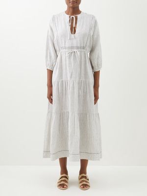 Wiggy Kit - Ines Striped Linen Midi Dress - Womens - White Black
