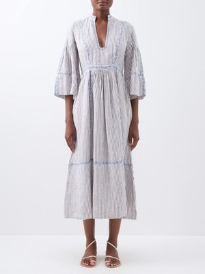 Wiggy Kit - Josephine Striped Linen Midi Dress - Womens - White Brown