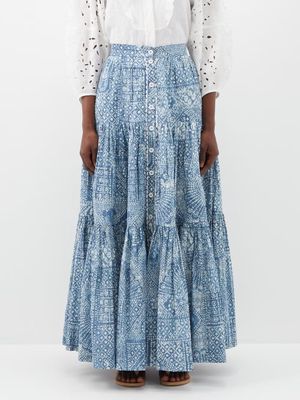 Wiggy Kit - Peasant Printed Cotton-cambric Maxi Skirt - Womens - Blue Print
