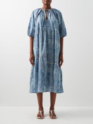Wiggy Kit - Saffron Tie-neck Cotton-cambric Midi Dress - Womens - Blue Print