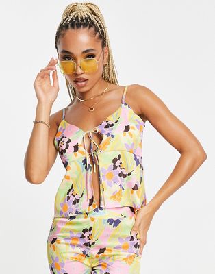 Wild Lovers Amber poly satin cami tie front pajama top in floral - MULTI