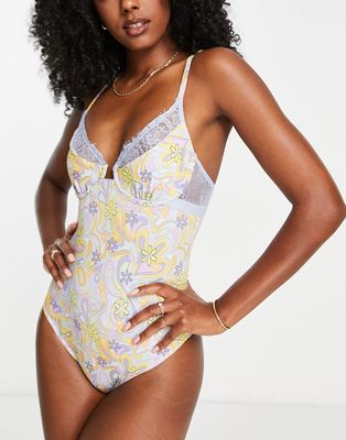 Wild Lovers Chloe satin and lace bodysuit in retro floral-Multi