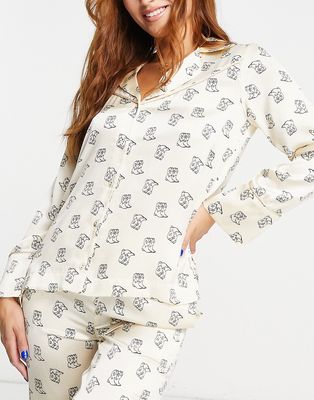 Wild Lovers Thelma polyester satin western style pajama top in cream cowboy print-White