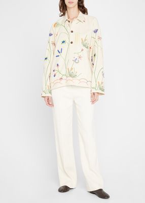 Wildflower-Embroidered Polo Pullover