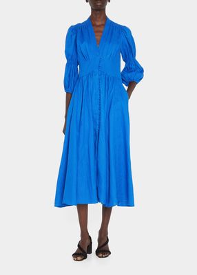 Willow Puff-Sleeve Button-Front Midi Cotton Dress