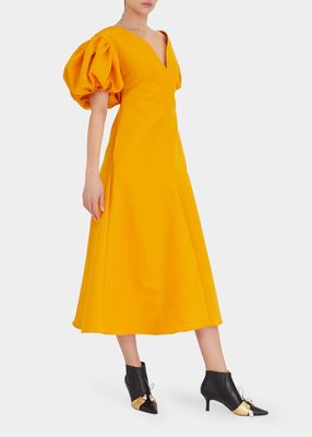 Wind In Your Sails Faille Puff-Sleeve Midi Dress