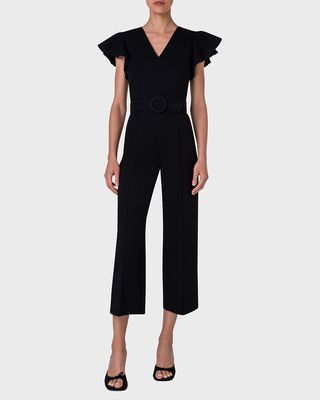 Wing-Sleeve Belted Straight-Leg Ankle Jumpsuit