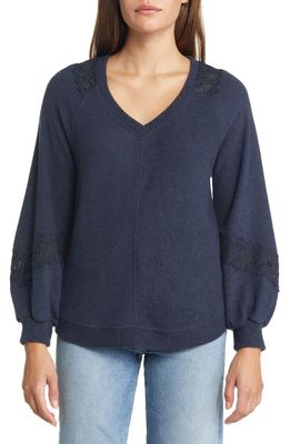 Wit & Wisdom Crochet Inset Blouson Sleeve Pullover in Hcbl-Heather Carbon Blue
