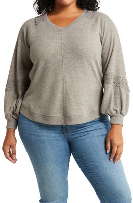 Wit & Wisdom Crochet Inset Blouson Sleeve Pullover in Heather Putty