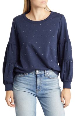 Wit & Wisdom Crystal Embellished Balloon Sleeve Sweatshirt in Crbb-Carbon Blue