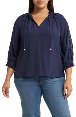 Wit & Wisdom Embroidered Sleeve Tunic Top in Navy